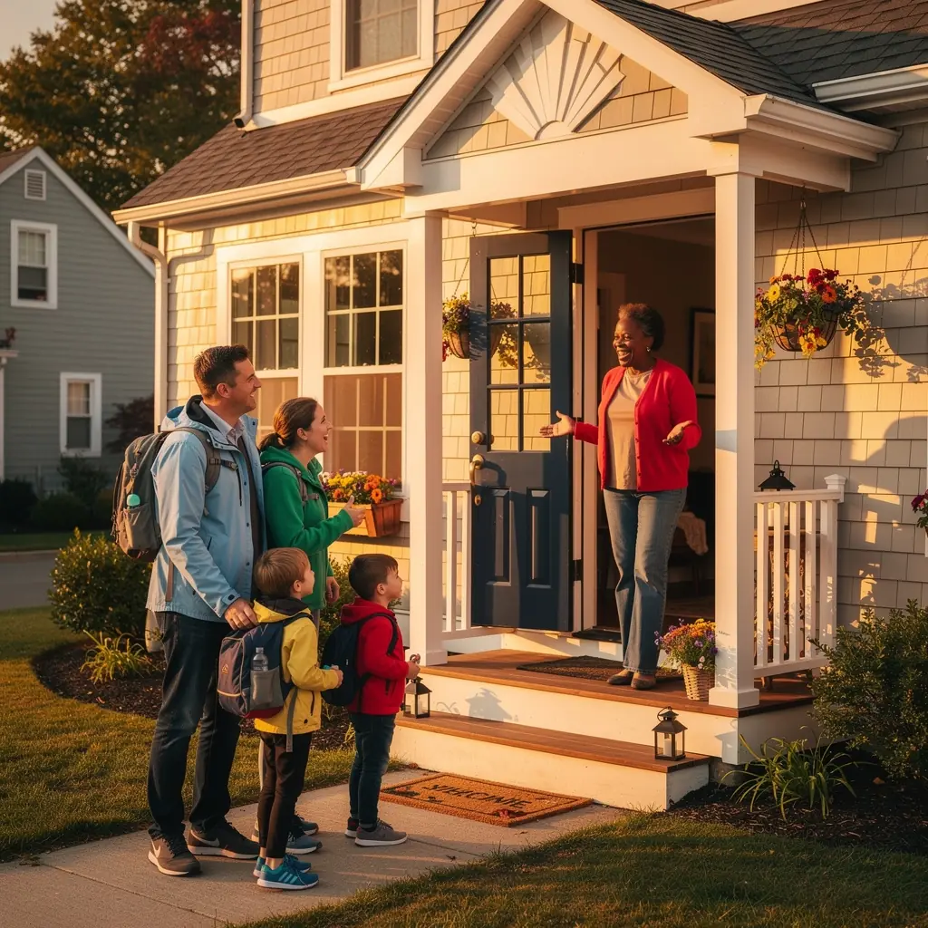 Семья, обсуждающая детали аренды жилья в уютной гостиной.